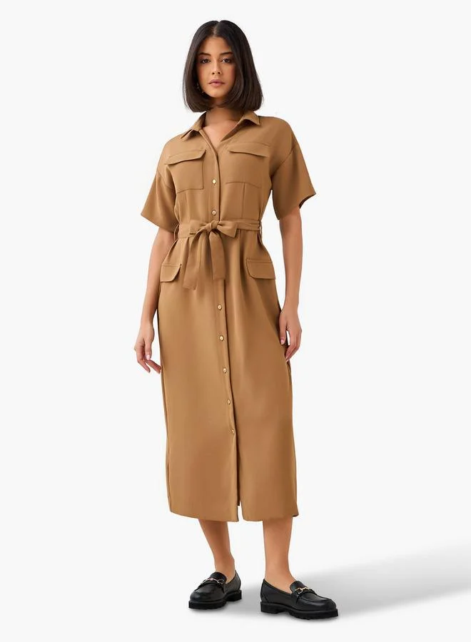 ايكونيك Iconic Midi Belted Shirt Dress with Pocket Detail
